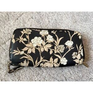 Floral Wristlet Wallet, Double Zip Around Clutch, Black‎
